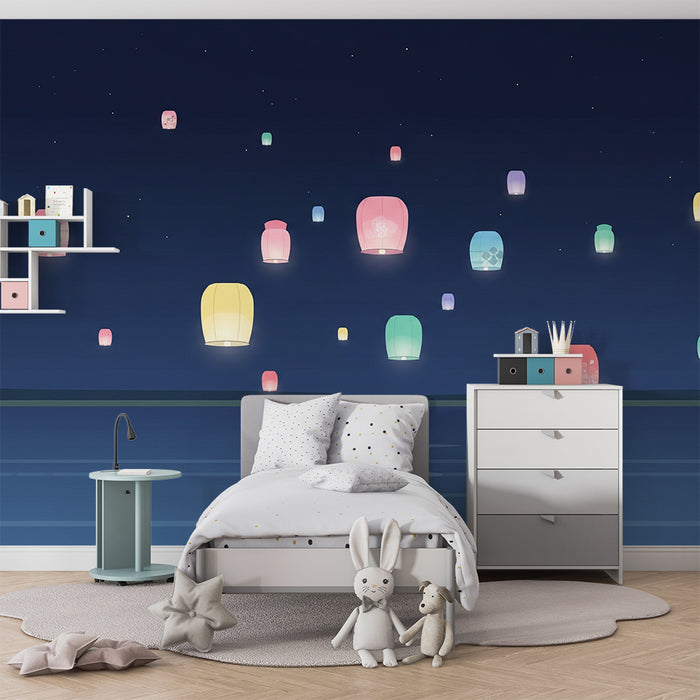 Kinderzimmer Tapete | Bunte Laternen, die einen friedlichen nächtlichen Himmel beleuchten
