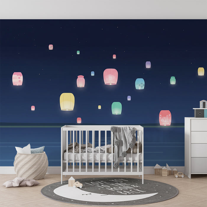 Kinderzimmer Tapete | Bunte Laternen, die einen friedlichen nächtlichen Himmel beleuchten
