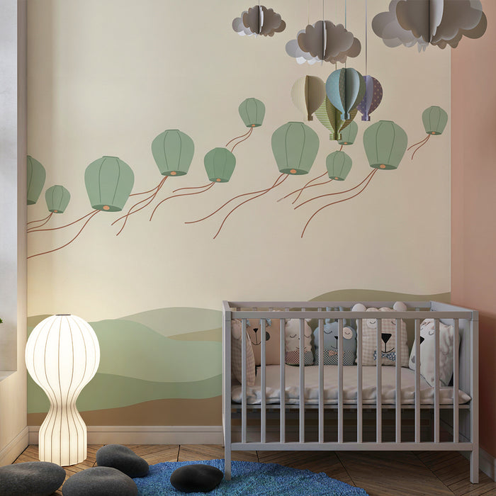 Kids room wallpaper | Floating lanterns in a gentle landscape