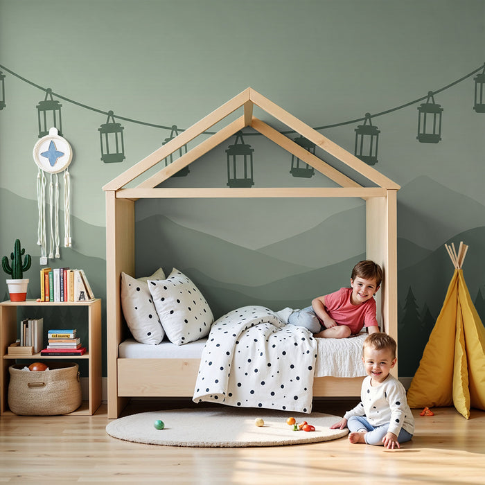 Kids room wallpaper | Hanging lanterns above the green mountains