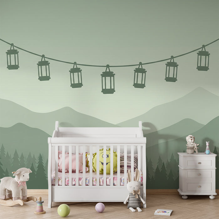 Kids room wallpaper | Hanging lanterns above the green mountains