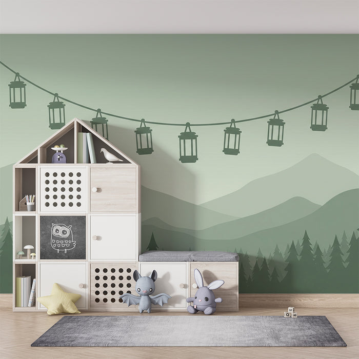 Kids room wallpaper | Hanging lanterns above the green mountains