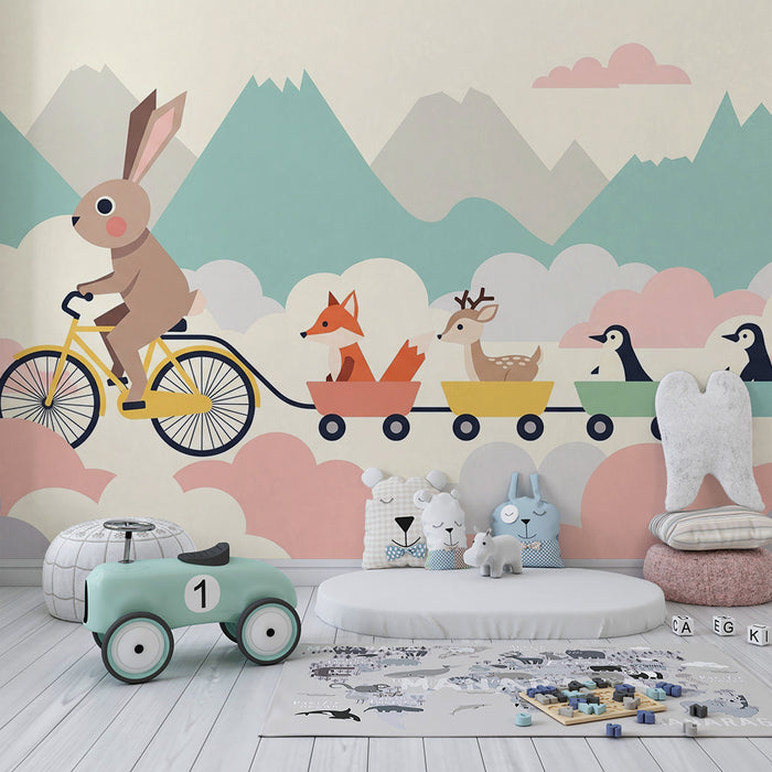 Dětská pokojová tapeta | Králík na kole se svými zvířecími přáteli v pastelové krajině