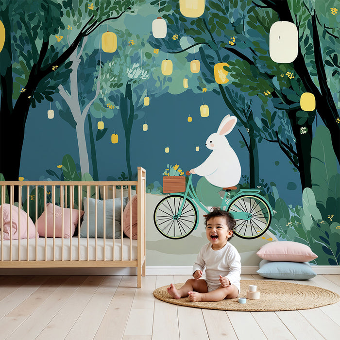 Papel pintado infantil | Conejo en bicicleta en un bosque encantado