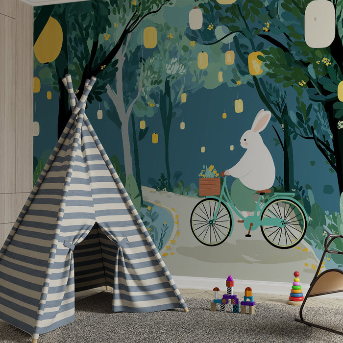 Papel pintado infantil | Conejo en bicicleta en un bosque encantado