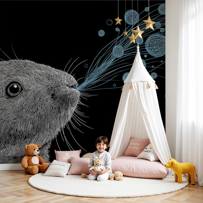 Barntapet | Konstnärlig kanin med färgglada bubblor