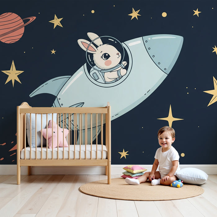 Kinderzimmer Tapete | Astronauten-Hase im Weltraum
