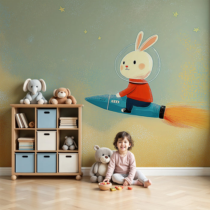 Kids room wallpaper | Astronaut rabbit in a rocket in a starry sky