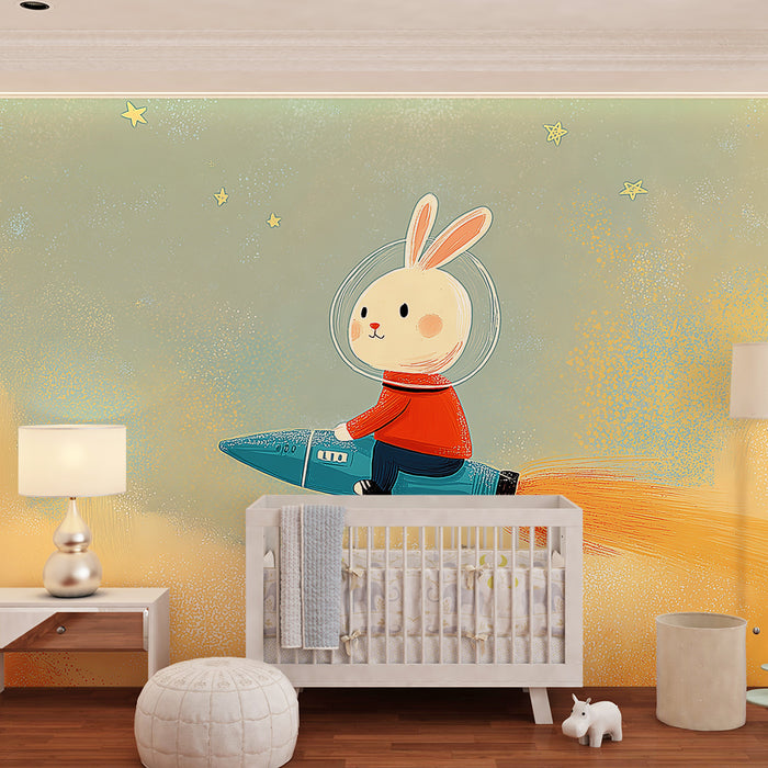 Kids room wallpaper | Astronaut rabbit in a rocket in a starry sky