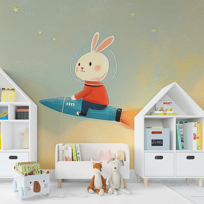 Kids room wallpaper | Astronaut rabbit in a rocket in a starry sky