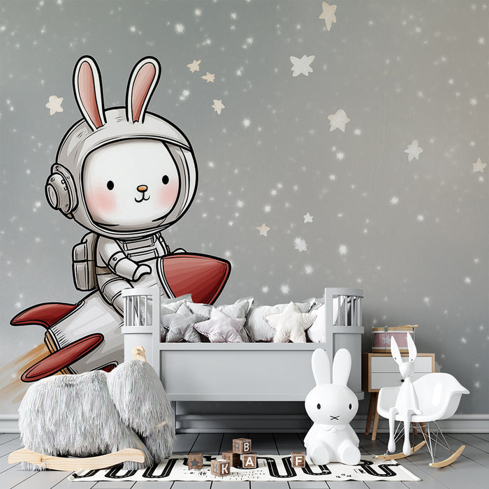 Papel de parede criança | Coelho astronauta em foguete entre as estrelas
