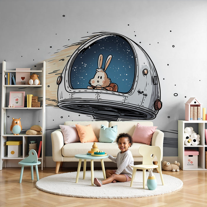 Papier peint chambre enfant | Lapin astronaute en voyage spatial