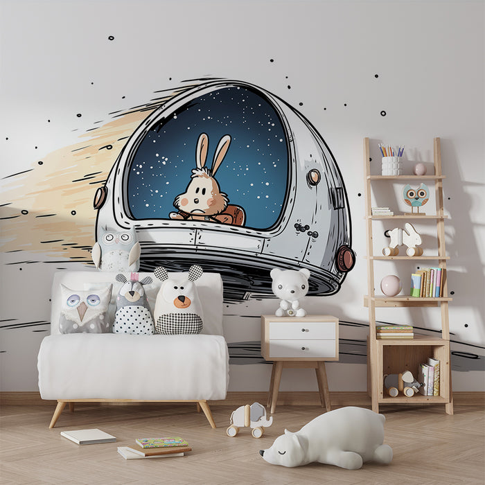 Papier peint chambre enfant | Lapin astronaute en voyage spatial