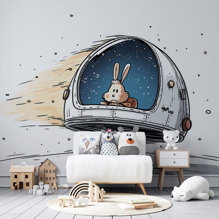 Papier peint chambre enfant | Lapin astronaute en voyage spatial