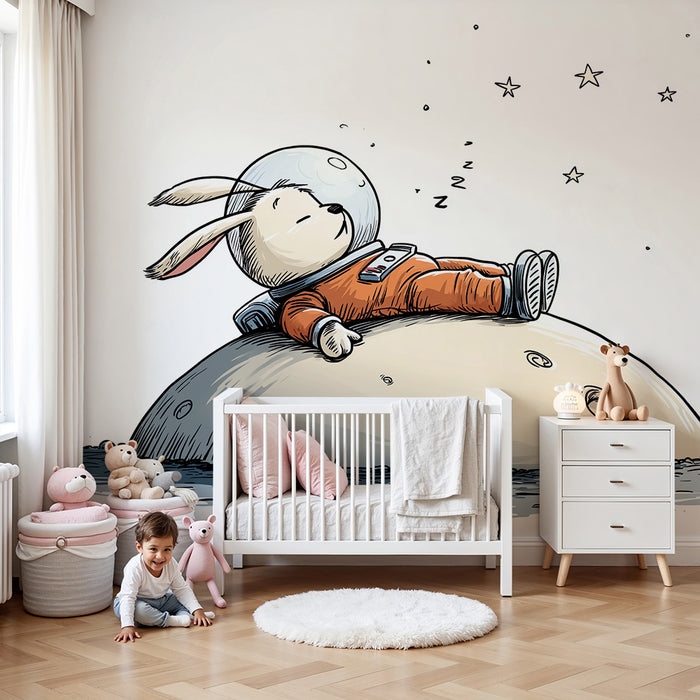 Kids room wallpaper | Sleeping astronaut rabbit on the moon under a starry sky