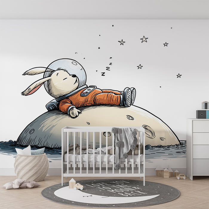 Kids room wallpaper | Sleeping astronaut rabbit on the moon under a starry sky