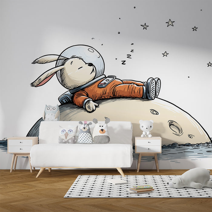 Kids room wallpaper | Sleeping astronaut rabbit on the moon under a starry sky