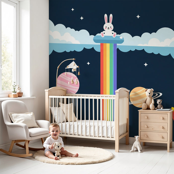 Kinderzimmer-Tapete | Astronauten-Hase und Regenbogen im Weltall