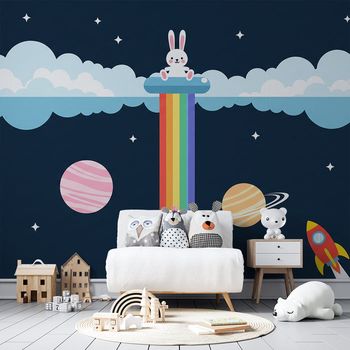 Kinderzimmer-Tapete | Astronauten-Hase und Regenbogen im Weltall