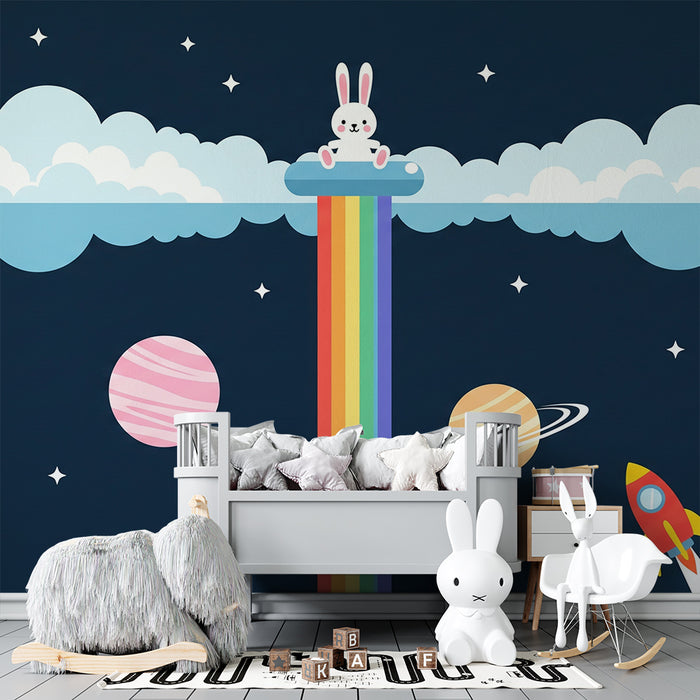 Kinderzimmer-Tapete | Astronauten-Hase und Regenbogen im Weltall
