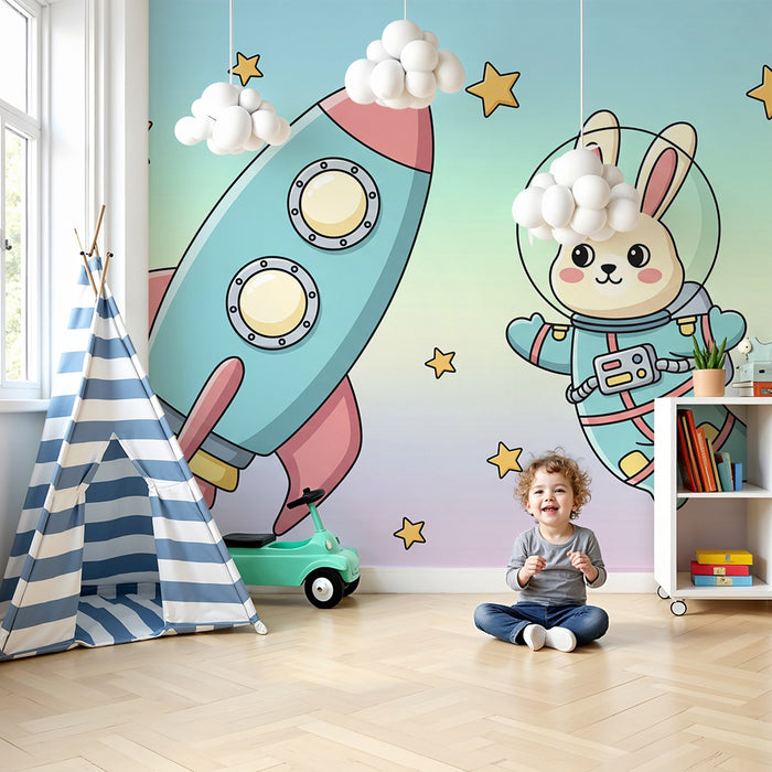Papier peint chambre enfant | Lapin astronaute et fusée dans un ciel étoilé