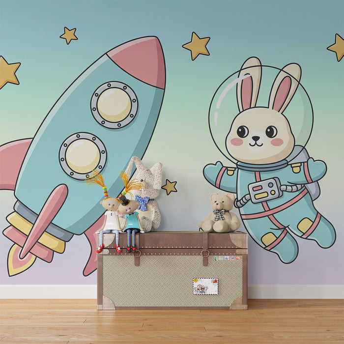 Papier peint chambre enfant | Lapin astronaute et fusée dans un ciel étoilé