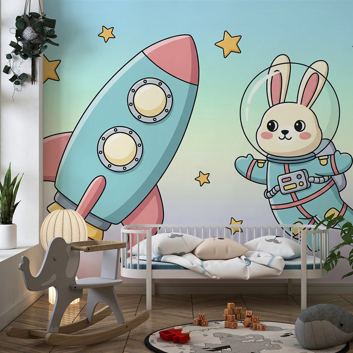 Papier peint chambre enfant | Lapin astronaute et fusée dans un ciel étoilé
