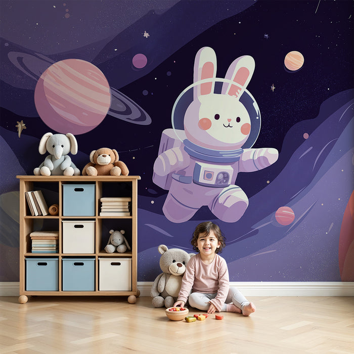 Papel de parede criança | Coelho astronauta explorando o espaço estrelado