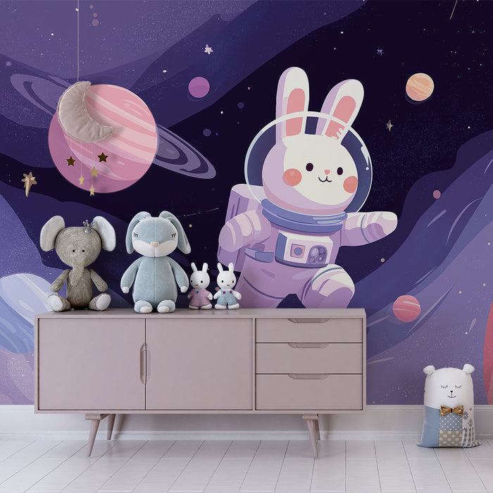 Papel de parede criança | Coelho astronauta explorando o espaço estrelado