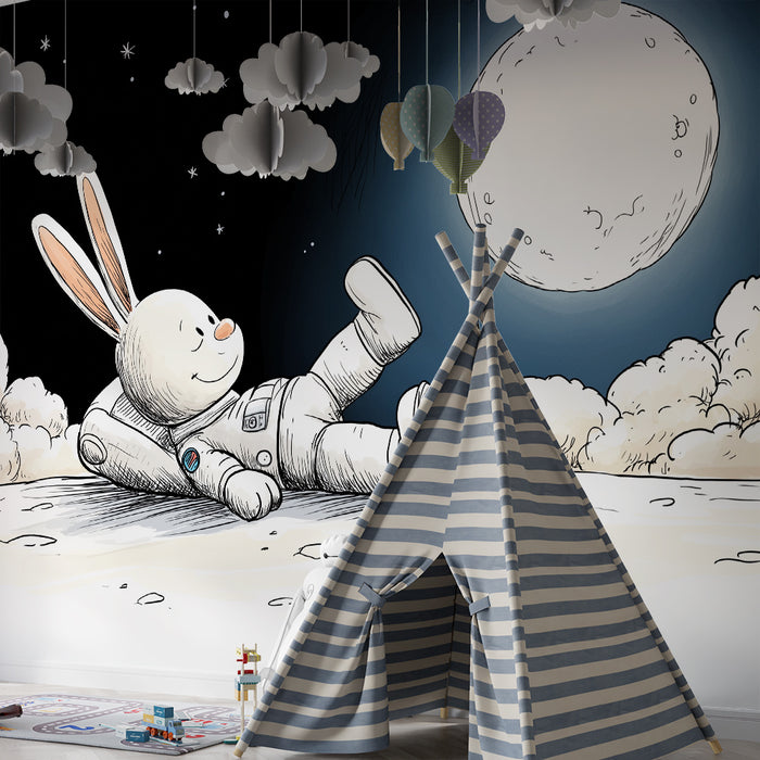Papel de parede criança | Coelho astronauta sonhando sob a lua