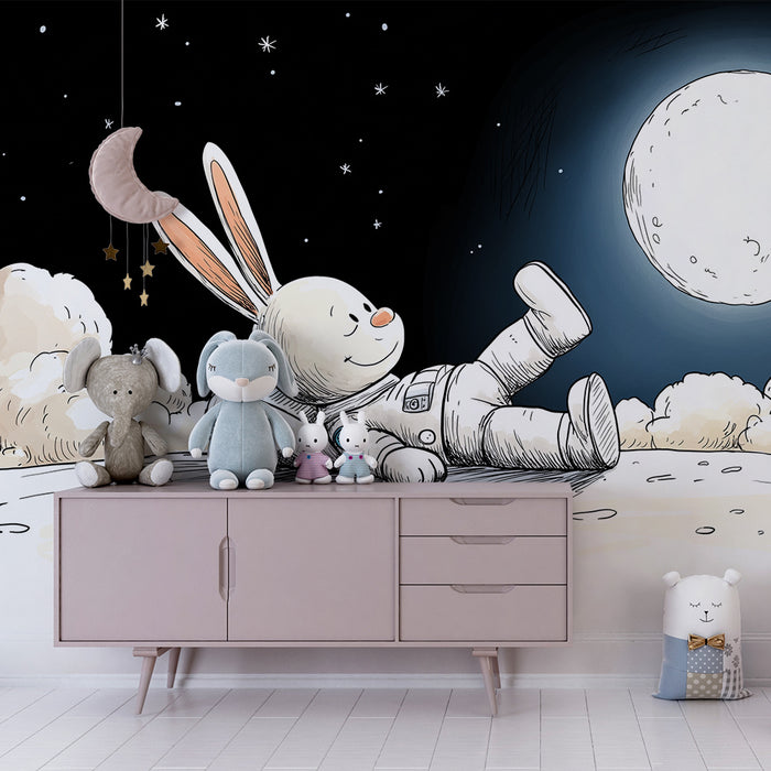 Papel de parede criança | Coelho astronauta sonhando sob a lua