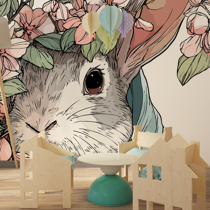 Papel pintado infantil | Conejo en medio de las flores