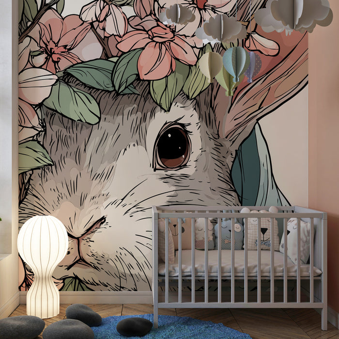 Papel pintado infantil | Conejo en medio de las flores