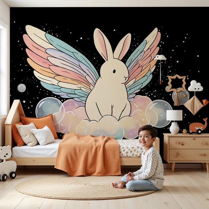 Carta da parati bambini | Coniglio con ali incantate e bolle di sogno