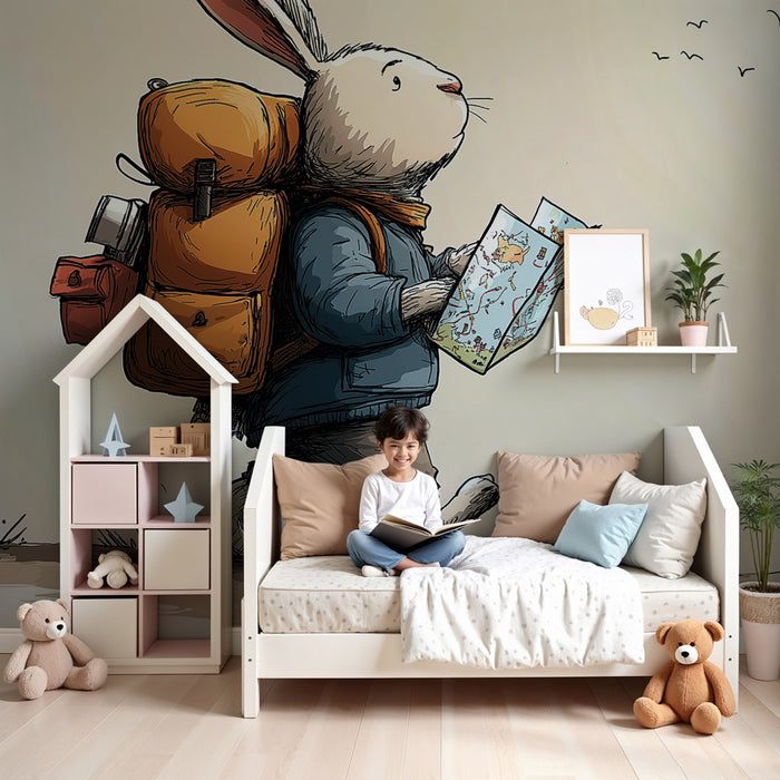 Papier de parede quarto criança | Coelho aventureiro com mapa