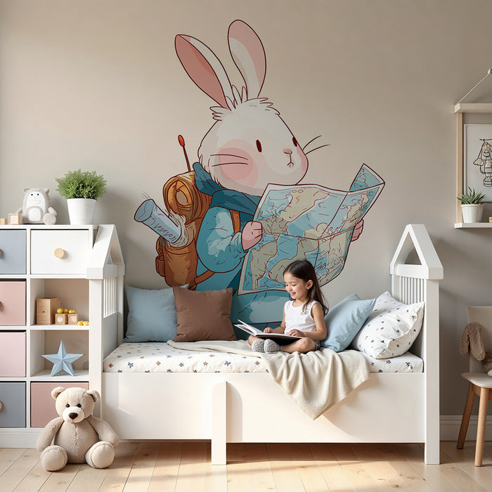 Papier peint chambre enfant | Lapin aventurier avec carte et sac à dos