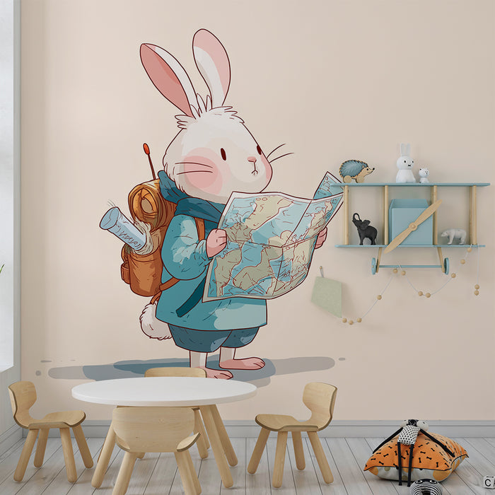 Papier peint chambre enfant | Lapin aventurier avec carte et sac à dos
