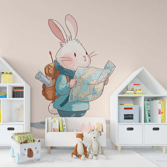 Papier peint chambre enfant | Lapin aventurier avec carte et sac à dos