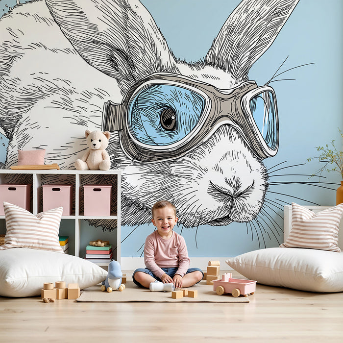 Papel pintado infantil | Conejo aventurero con gafas de buceo