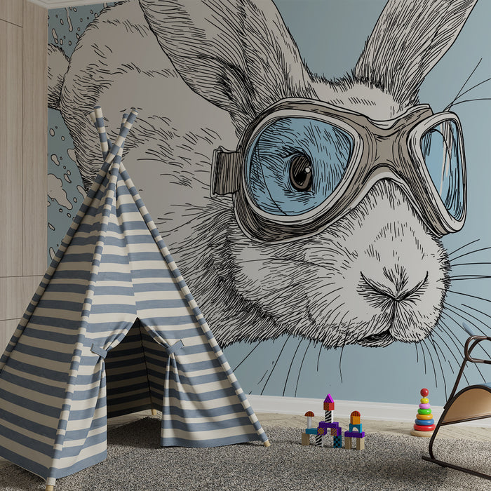 Papel pintado infantil | Conejo aventurero con gafas de buceo