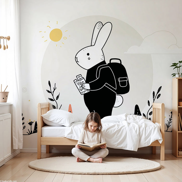 Kids room wallpaper | Adventurous rabbit with backpack and map