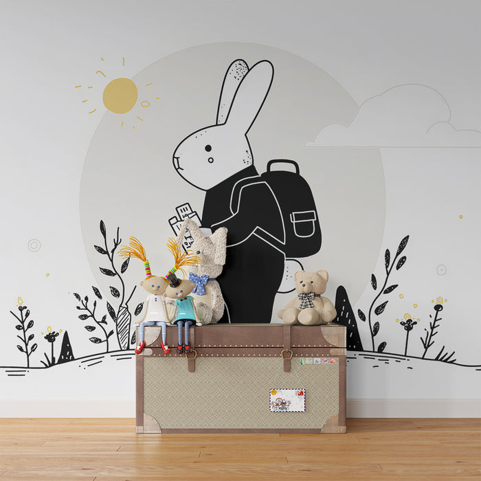 Kids room wallpaper | Adventurous rabbit with backpack and map