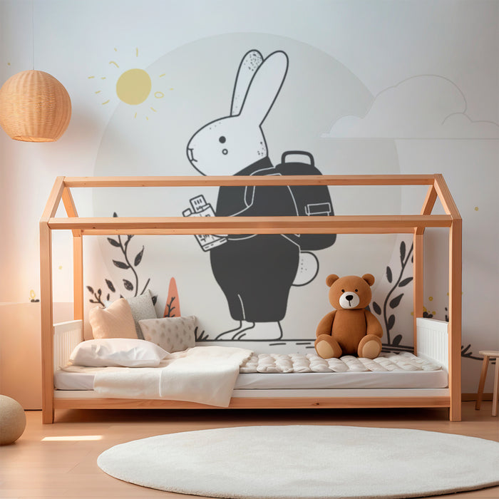 Kids room wallpaper | Adventurous rabbit with backpack and map