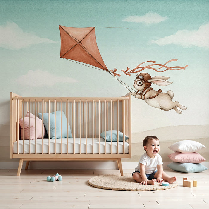 Papier peint chambre enfant | Lapin aventurier et cerf-volant