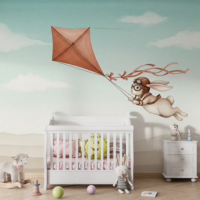 Papier peint chambre enfant | Lapin aventurier et cerf-volant
