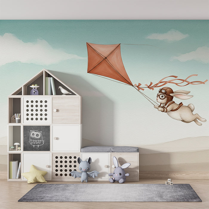 Papier peint chambre enfant | Lapin aventurier et cerf-volant
