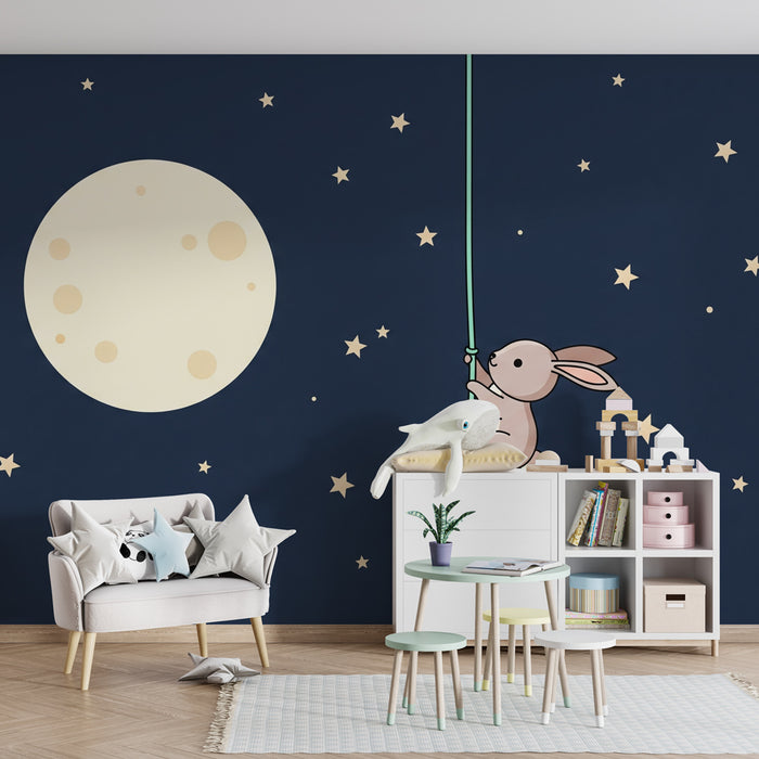 Kinderzimmer Tapete | Abenteuerhase unter dem Mond
