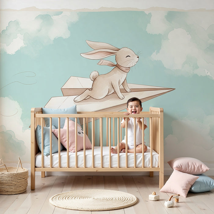 Papier peint chambre enfant | Lapin aventurier sur un avion en papier