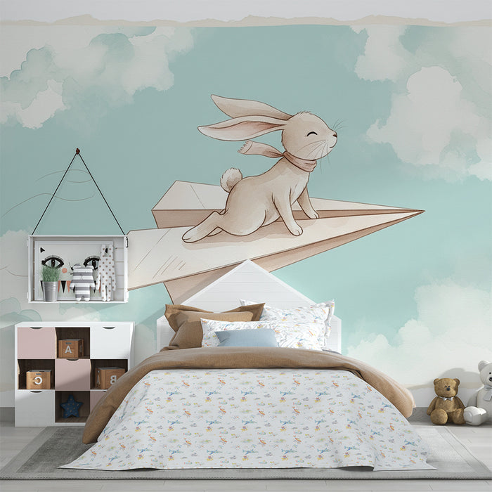 Papier peint chambre enfant | Lapin aventurier sur un avion en papier