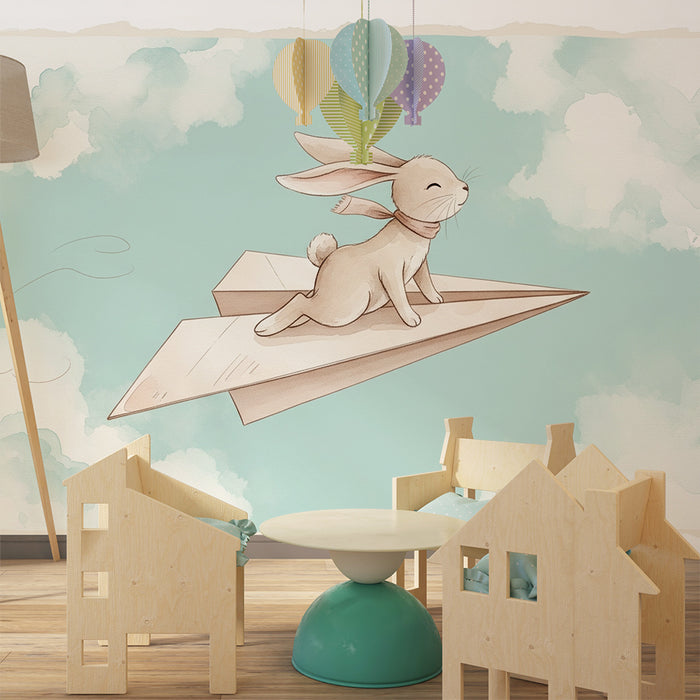 Papier peint chambre enfant | Lapin aventurier sur un avion en papier